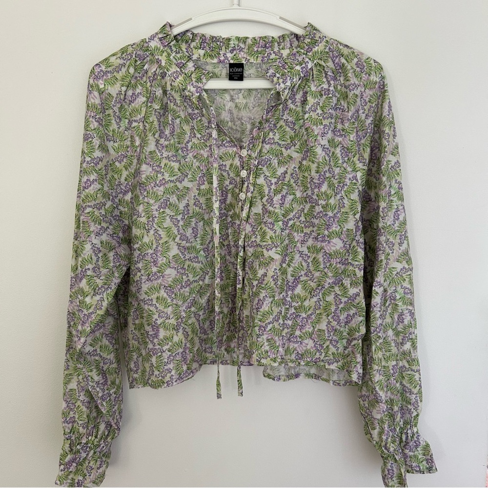 Simons Green and Purple Long Sleeve Tie Front Blouse